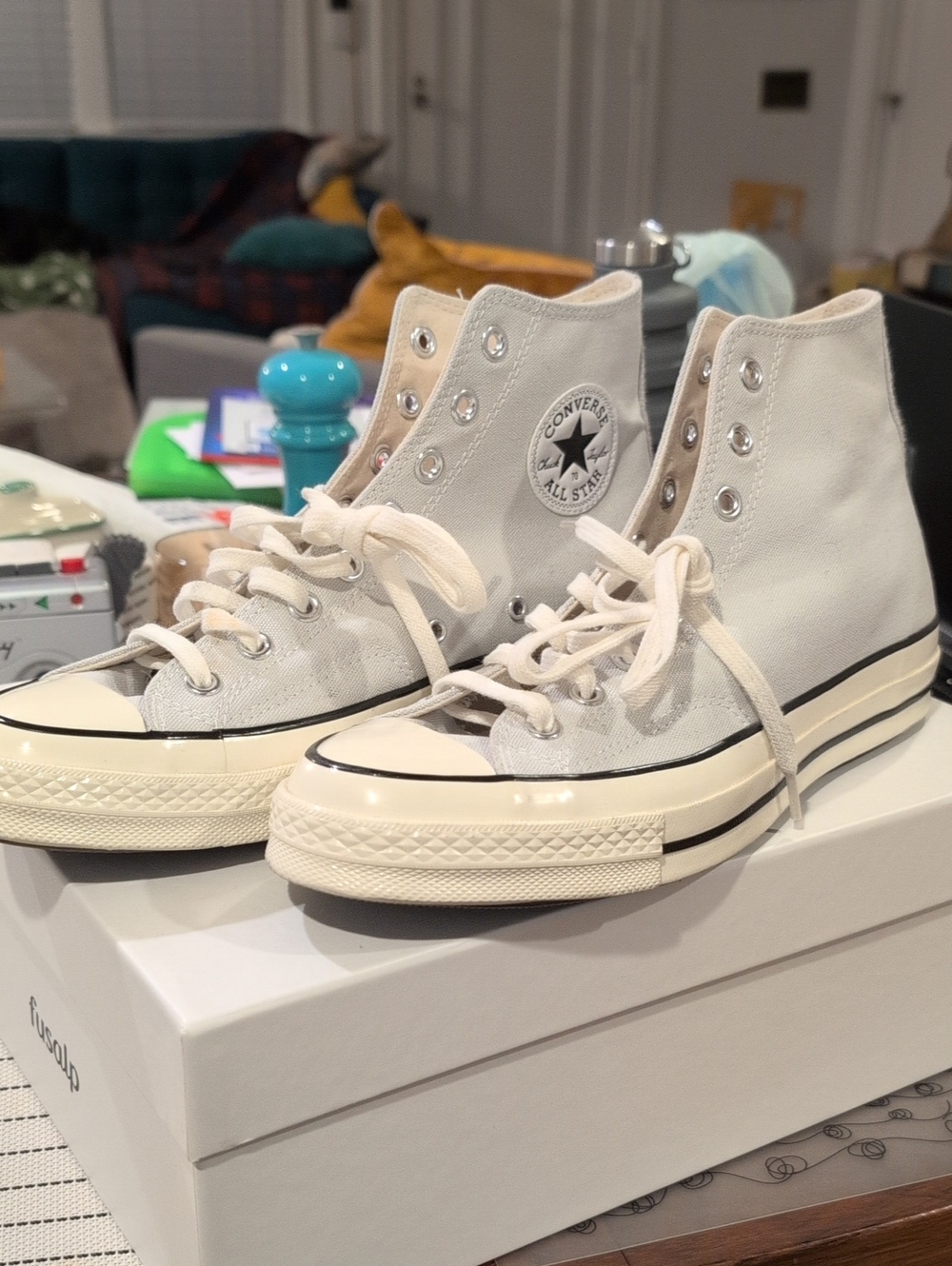 Converse High Top Sneakers - Off White Canvas with Black Trim Size 9.5